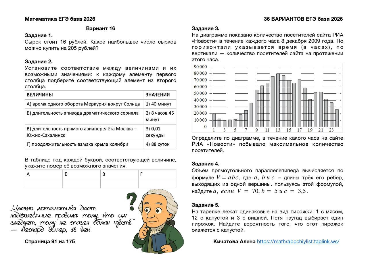 Вариант  ЕГЭ база по математике 2026 с Эйлером