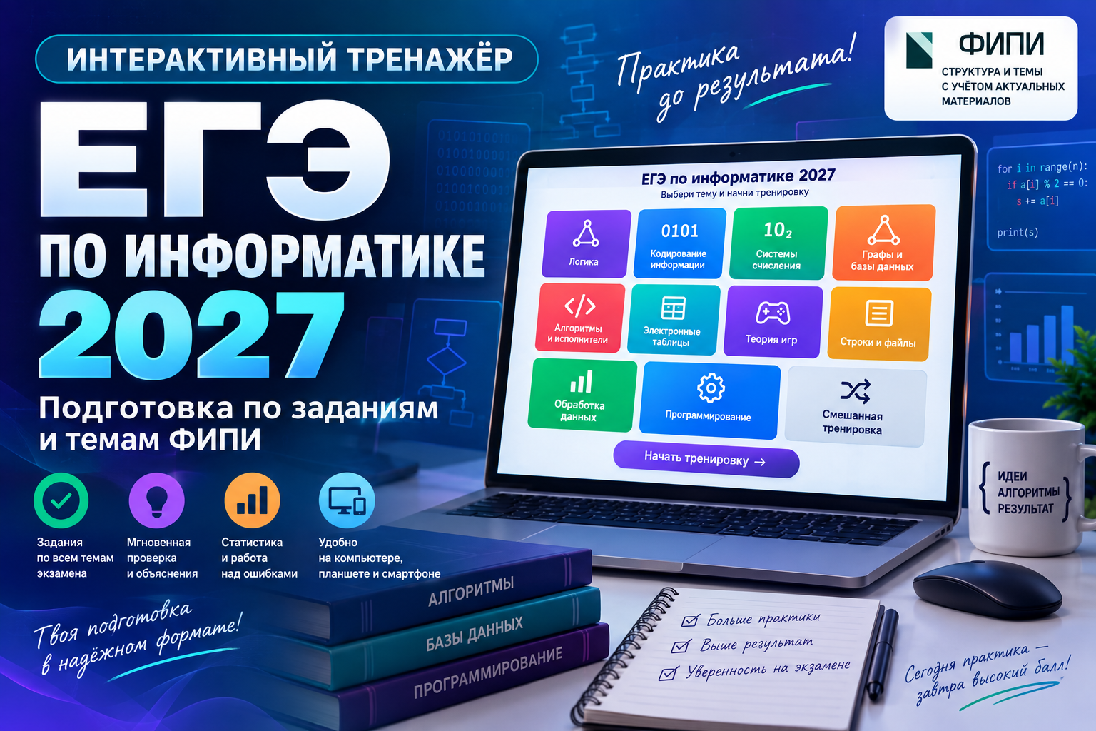 Интерактивный тренажёр ЕГЭ по информатике 2027 — подготовка по заданиям ФИПИ